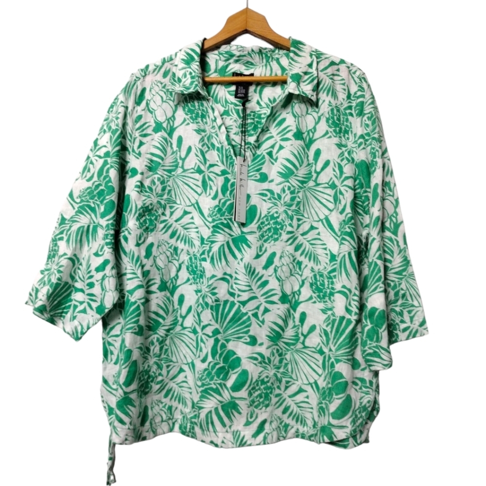 Nicole Miller New York Palm Leaf Tropical Print Linen Top